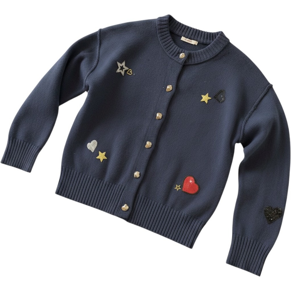 Sincerely Jules Navy Heart Star Sequin Patch Cardigan Sweater Gold Buttons S